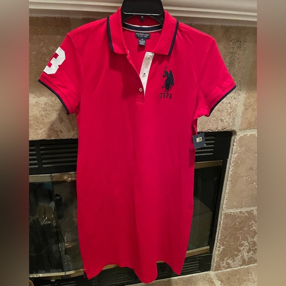 NWOT US Polo Assn Red Blue Big Pony Slim Fit Cotton Dress #3 Preppy Old Money M - Picture 1 of 11